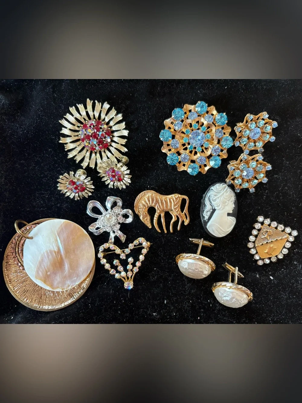 Vintage costume jewelry brooches, pendant, cuff link, clip on earrings #3